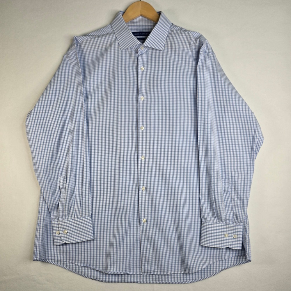 Vince Camuto Mens Blue White Check Dress Shirt Modern Fit 17.5 32/33 Long Sleeve